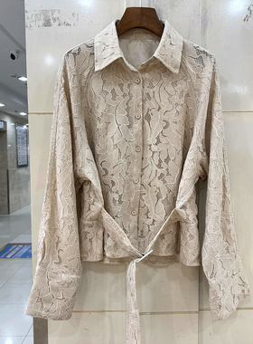 68812 时尚单排扣翻领落肩袖系带收腰洋气欧货蕾丝小外套上衣春装