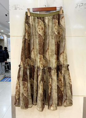 80172-1 欧货春装2026新款松紧高腰复古花色荷叶边A字中长半身裙