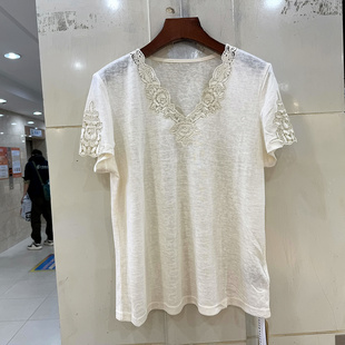 瓦琳汀娜75159 镂空蕾丝花边V领短袖舒适天丝T恤小衫上衣欧货夏装