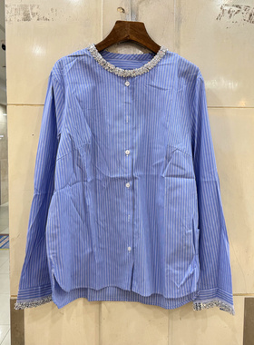 L68828 重工串珠亮片圆领竖条纹休闲减龄棉布衬衣小衫春装2026欧