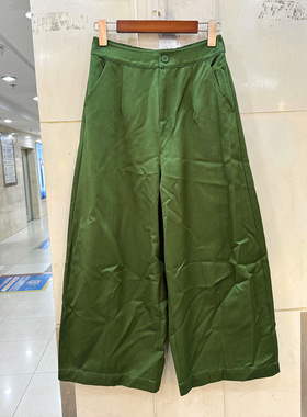 L68916 时尚一粒扣后松紧高腰人丝棉休闲阔腿气球裤女裤欧货春装