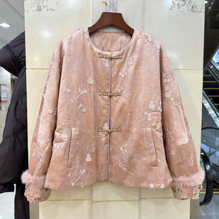 口葫芦刺绣花盘扣圆领亚麻国风桑蚕丝棉衣外套冬装 63130 水貂毛袖