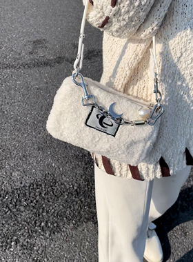 Chaos Monster白色羊羔毛包包腋下包新款辣妹女包冬季单肩毛毛包