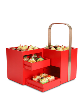 Author轻奢中式金色红色下午茶点心提篮蛋糕架下午茶架摆件