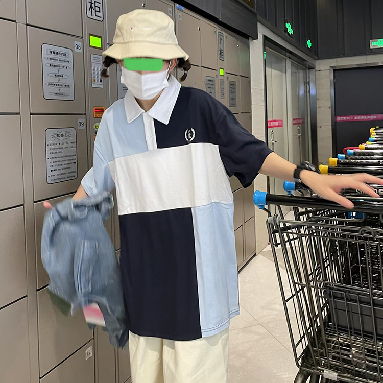 WELL ENLA ENLA AMERICAN PATCHWORK POLO SHIRT WOMENS LOOSE POLO COLLAR LAPEL T-SHIRT SHORT SLEEVE SUMMER 2022 NEW STYLE