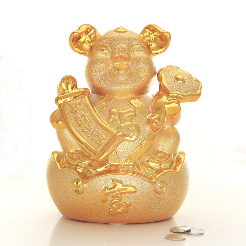 陶瓷金猪聚宝盆存钱罐摆件