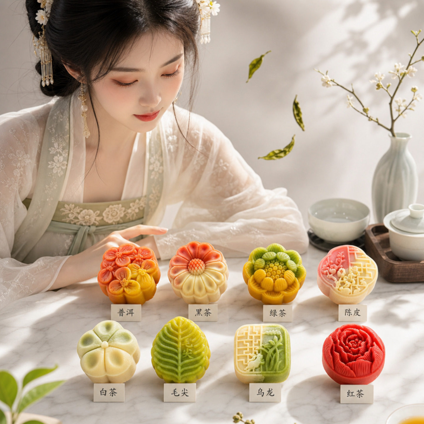 茶味月饼传统中式糕点订婚结婚喜饼摆盘中秋高档礼盒茶叶点心月饼