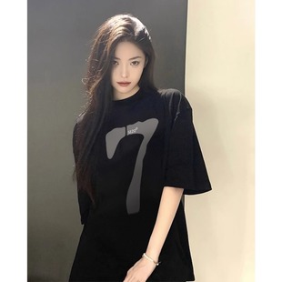 宽松设计感小众半袖 纯棉美式 新款 复古潮牌黑色短袖 上衣 t恤女夏季