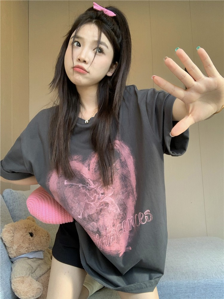 短袖美式复古常规印花纯棉女