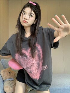 美式复古爱心印花短袖t恤女夏季新款宽松bf慵懒风ins潮牌高街上衣