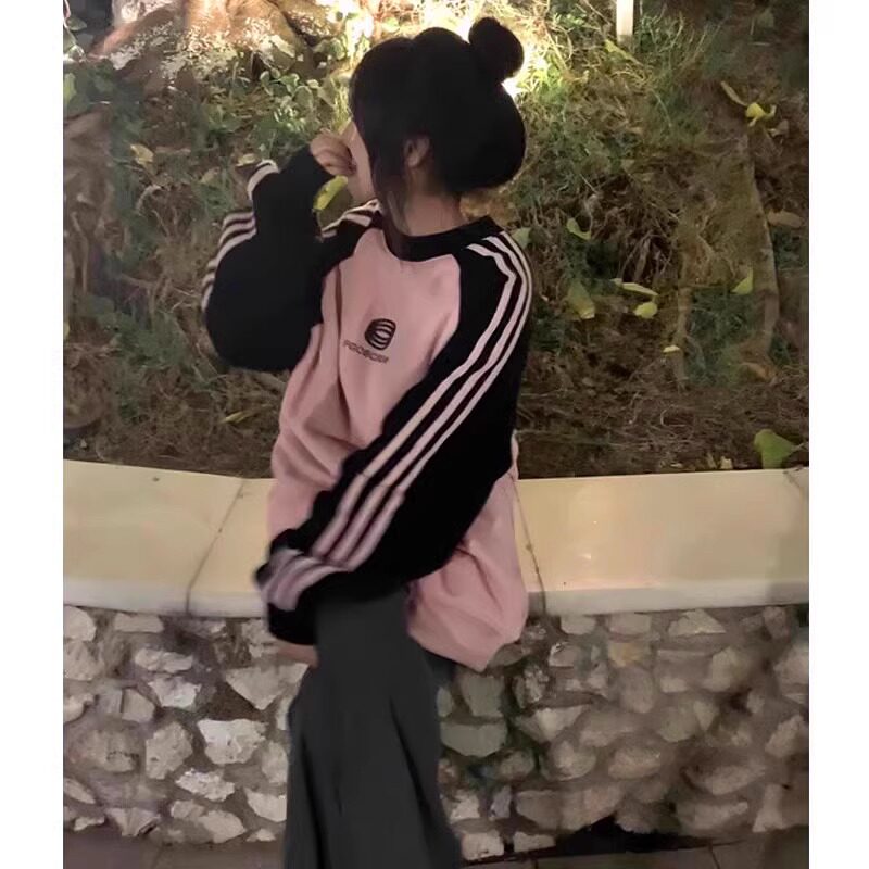 纯棉美式复古潮牌拼接条纹圆领卫衣女秋冬加绒加厚设计感无帽外套,女装/女士精品,卫衣/绒衫,淘宝优惠券,粉丝福利购,淘宝优惠卷