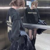 纯棉美式 复古潮牌水洗做旧黑色圆领卫衣女秋冬加绒加厚慵懒风上衣