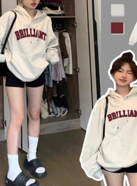 灰色纯棉美式字母印花连帽卫衣女2025新款爆款春秋宽松慵懒风帽衫