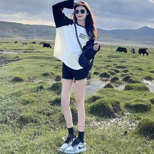 宽松潮牌上衣休闲学生内搭打底衫 纯棉黑白插肩长袖 圆领T恤女美式