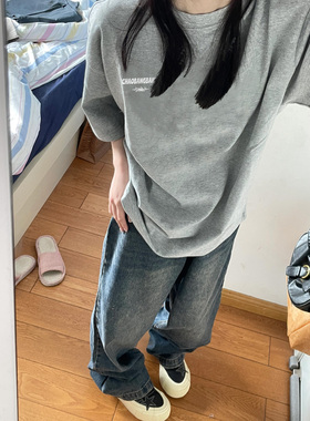 纯棉美式灰色正肩短袖t恤女2025新款爆款夏季宽松半袖设计感上衣
