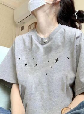 纯棉灰色短袖t恤女2025新款爆款正肩设计感小众美式半袖宽松体恤