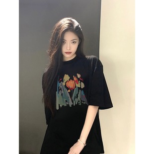 港味chic宽松设计感小众上衣 黑色短袖 T恤女纯棉2025新款 夏季 新款
