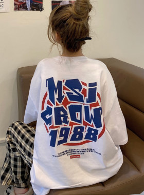 短袖美式复古常规印花纯棉女