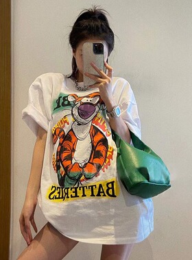 纯棉美式高街hiphop潮牌卡通跳跳虎短袖t恤女ins宽松小众半袖上衣