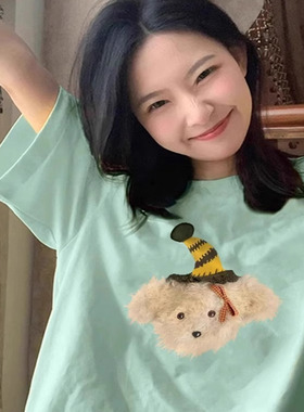 绿色纯棉短袖t恤女2025新款夏季多巴胺正肩半袖设计感小众上衣ins