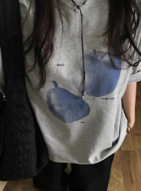 纯棉美式水果印花灰色正肩短袖t恤女夏季宽松半袖设计感甜酷上衣