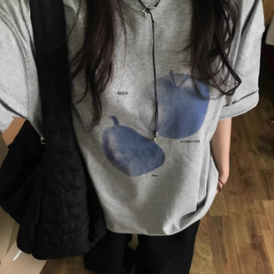 设计感甜酷上衣 纯棉美式 水果印花灰色正肩短袖 t恤女夏季 宽松半袖