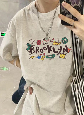 花灰色纯棉短袖T恤女2026新款宽松字母印花设计感小众潮牌上衣服