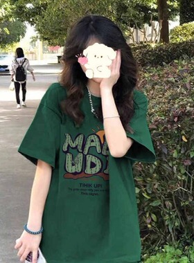 100%纯棉绿色短袖t恤女2025新款夏季宽松设计感小众正肩半袖上衣
