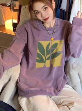 重磅纯棉紫色圆领卫衣女秋冬加绒加厚宽松无帽设计感小众慵懒上衣