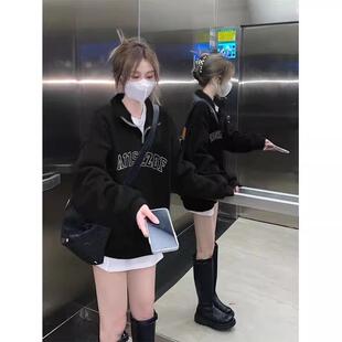 纯棉黑色polo领字母卫衣女秋冬加绒加厚美式 复古半拉链宽松上衣潮