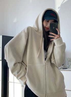 加绒加厚宽松纯棉纯色连帽卫衣