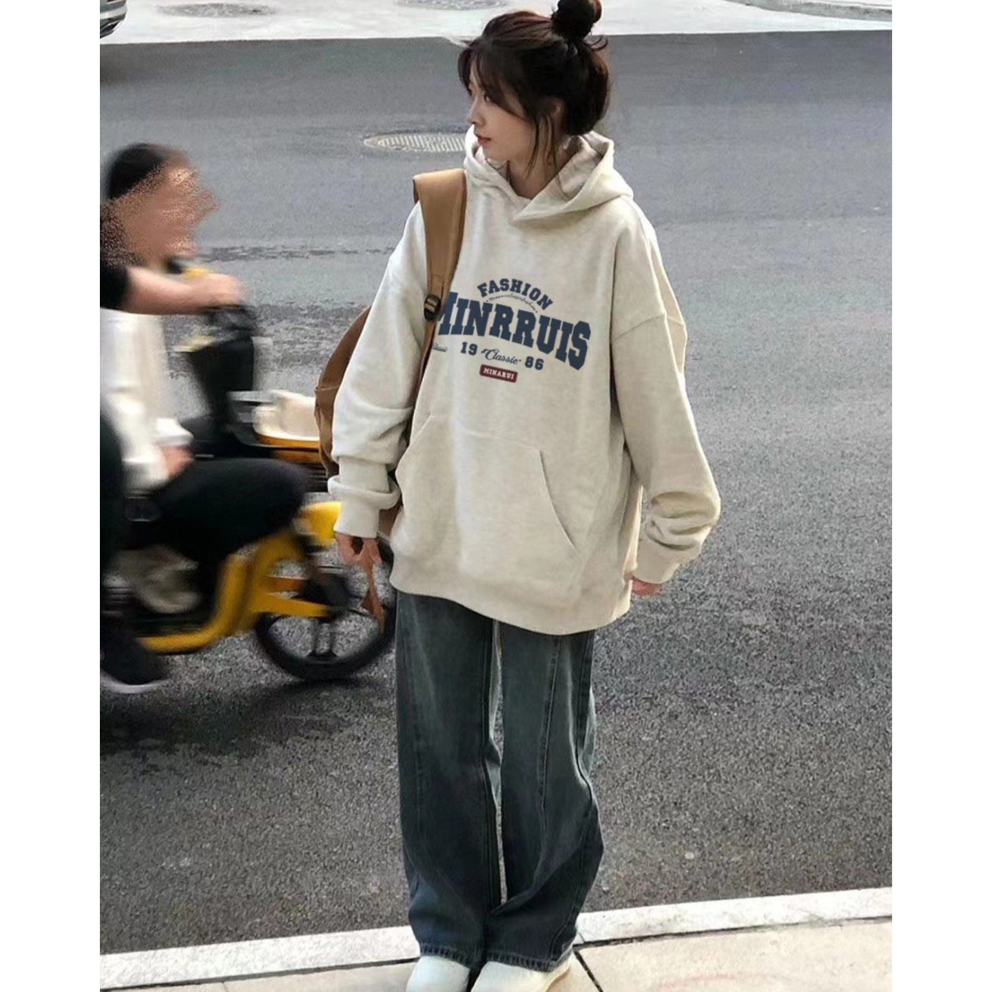 重磅灰色连帽卫衣女秋冬新款美式高街字母印花设计感小众宽松帽衫