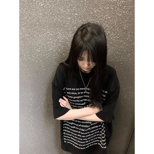 纯棉美式 宽松chic港味上衣 复古ins潮牌字母印花黑色短袖 T恤女夏季