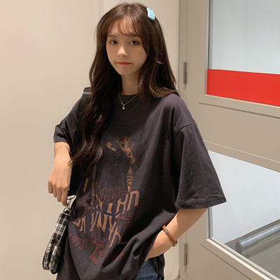 短袖美式复古常规印花纯棉女