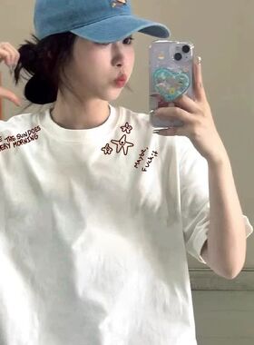 纯棉正肩白色短袖t恤女2025新款爆款设计感小众美式半袖宽松上衣
