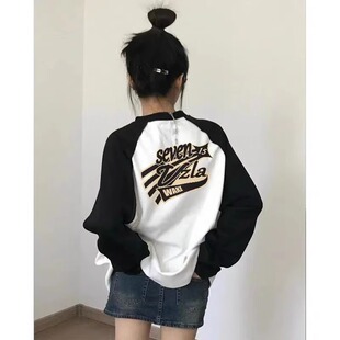 欧货大版插肩长袖t恤女秋冬宽松加绒加厚打底衫内搭撞色上衣ins潮