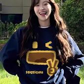 纯棉藏青色卡通圆领卫衣女秋冬加绒加厚美式 宽松慵懒风小个子上衣