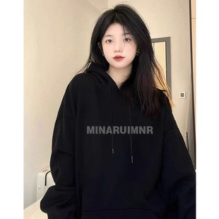 重磅纯棉黑色字母连帽卫衣女秋冬加绒加厚宽松美式 复古慵懒风外套