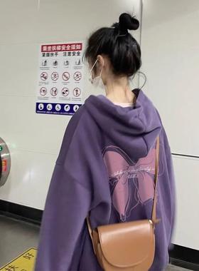 重磅纯棉紫色连帽卫衣女秋冬加绒加厚美式复古宽松蝴蝶结印花上衣