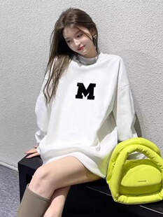 纯棉美式白色圆领卫衣女2026新款春秋款薄款宽松中长款遮屁股上衣