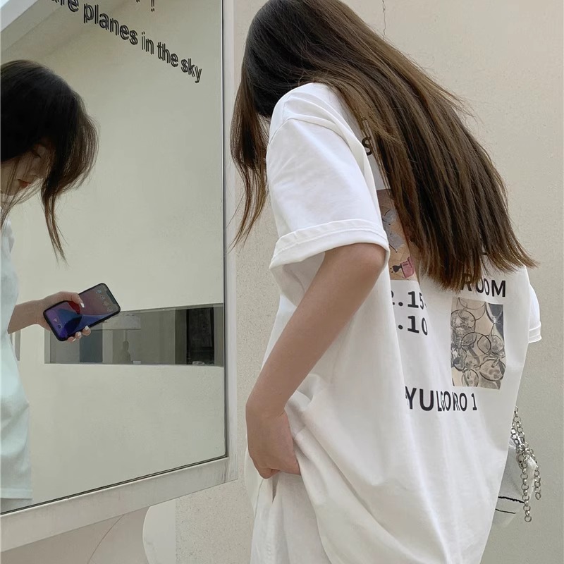 短袖港风常规后背印花纯棉女