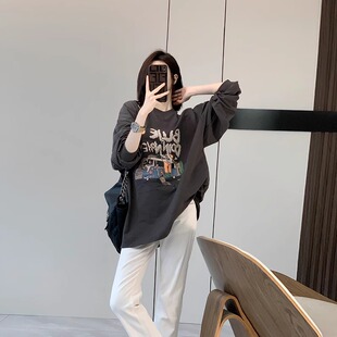 欧货美式重磅纯棉深灰色圆领卫衣女春秋款薄款宽松显瘦无帽上衣潮