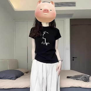 显瘦洋气设计感小众上衣 纯棉黑色正肩短袖 t恤女2025新款 夏季 修身