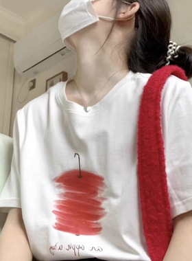 纯棉美式涂鸦苹果印花白色短袖t恤2025新款爆款夏季宽松半袖上衣