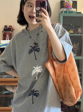 纯棉灰色正肩短袖t恤女2025新款夏季宽松美式半袖设计感小众上衣