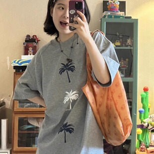 半袖 纯棉灰色正肩短袖 宽松美式 夏季 设计感小众上衣 t恤女2025新款