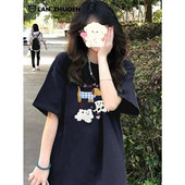 T恤女2025新款 爆款 设计感小众美式 纯棉藏蓝色短袖 半袖 宽松上衣服