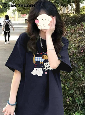 纯棉藏蓝色短袖T恤女2025新款爆款设计感小众美式半袖宽松上衣服