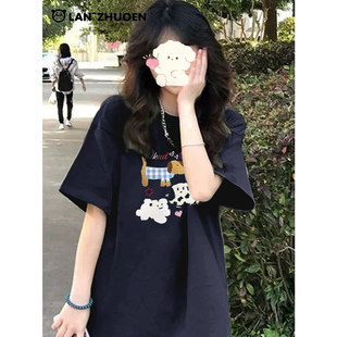 半袖 纯棉藏蓝色短袖 设计感小众美式 T恤女2025新款 宽松上衣服 爆款