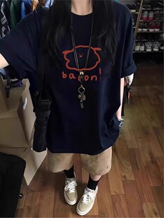 半袖 纯棉圆领短袖 宽松设计感小众美式 t恤女2025新款 正肩上衣 夏季